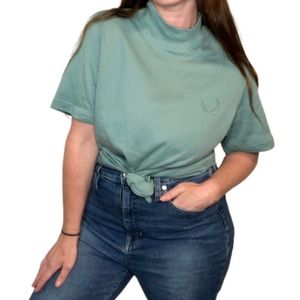 Teal Stone Seafoam Blue Soft Stretch Everyday Mockneck Tshirt Embroidered Design